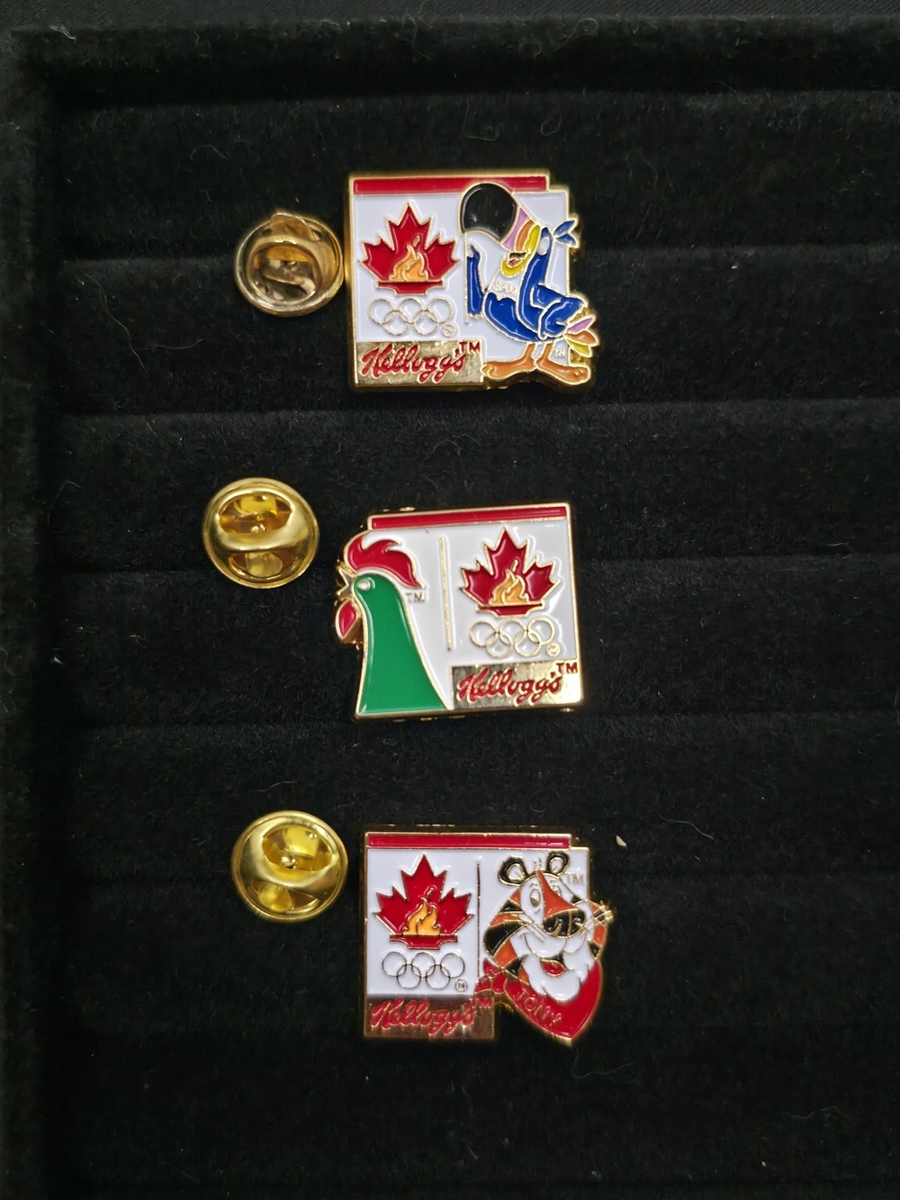 Vintage Kellogg's Canada Olympic Pins Set 3 Mascot White Gold Blue